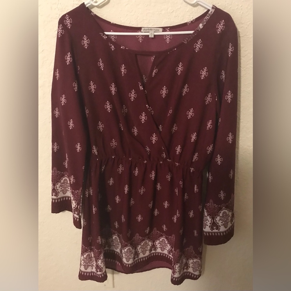 Charlotte Russe Burgundy & White Boho Long Sleeve Dress